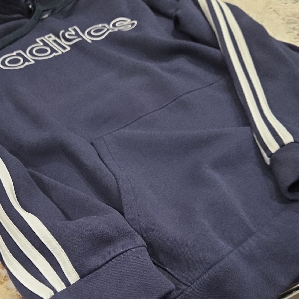 Adidas Men's Blue Hoodie with White Stripes - Picture 5 of 6